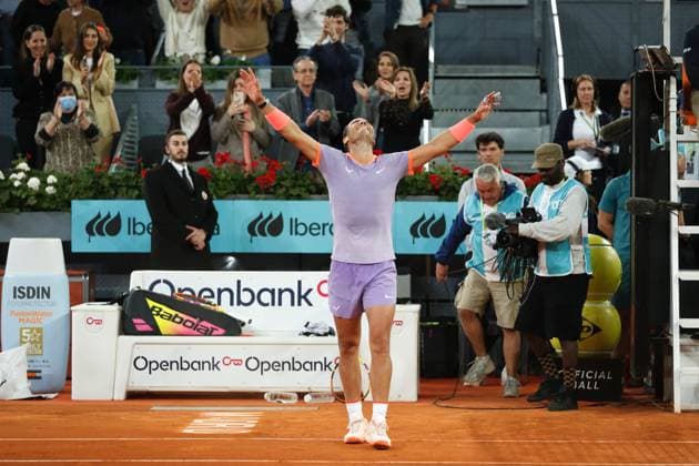 Rafael Nadal (ESP), APRIL 27, 2024 - Tennis : Rafael Nadal celebrate after winning singles round of 64 match against Alex De Minaur on the ATP, Tennis Herren tour Masters 1000 Mutua Madrid Open tennis tournament at the Caja Magica in Madrid, Spain. Noxthirdxpartyxsales  (251466103)