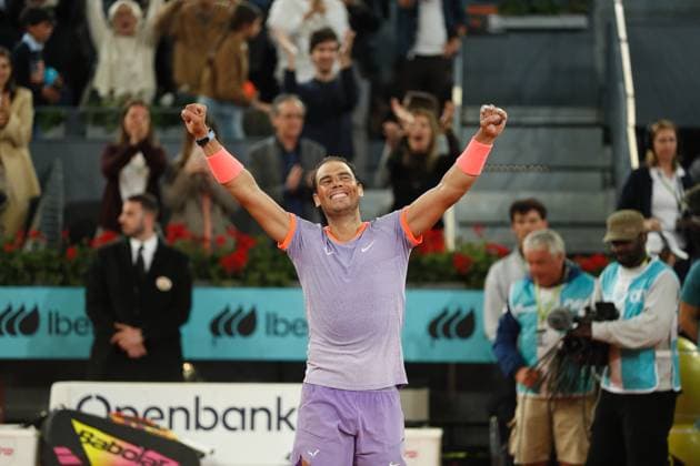 Rafael Nadal (ESP), APRIL 27, 2024 - Tennis : Rafael Nadal celebrate after winning singles round of 64 match against Alex De Minaur on the ATP, Tennis Herren tour Masters 1000 Mutua Madrid Open tennis tournament at the Caja Magica in Madrid, Spain. Noxthirdxpartyxsales  (251466126)