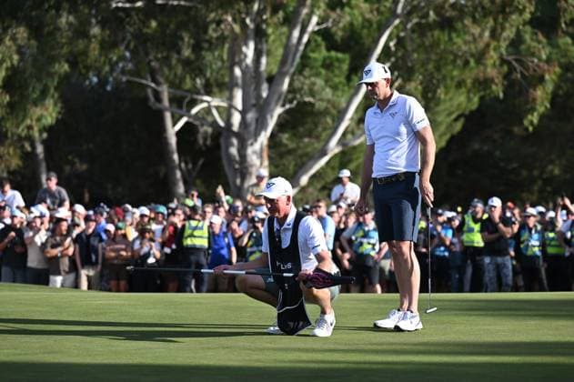 LIV GOLF ADELAIDE, Brendan Steele lines up a putt during the final round of LIV Golf Adelaide at the Grange Golf Club in Adelaide, Sunday, April 28, 2024. ( NO ARCHIVING, EDITORIAL USE ONLY, NO USE IN BOOKS WITHOUT CONSENT ADELAIDE SOUTH AUSTRALIA AUSTRALIA  Copyright: xMICHAELxERREYx 20240428116751957883