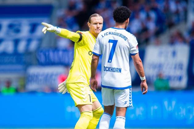 28 04 2024 Soccer, 2023 2024, 2 Bundesliga, Matchday 31, 1 FC Magdeburg VfL Osnabrück L R Dominik Reimann Magdeburg , Herbert Bockhorn Magdeburg DFL REGULATIONS PROHIBIT ANY USE OF PHOTOGRAPHS AS IMAGE SEQUENCES AND OR QUASI VIDEO