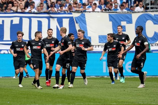 28 04 2024, xgox, Soccer 2 Bundesliga, 1 FC Magdeburg VfL Osnabrueck emspor, v l jubilation after the 1 1 by Dave Gnaase Osnabrueck, 26 DFL DFB REGULATIONS PROHIBIT ANY USE OF PHOTOGRAPHS as IMAGE SEQUENCES and or QUASI VIDEO Magdeburg