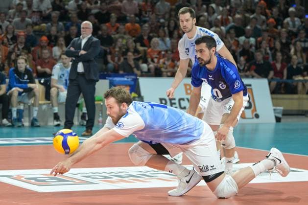 Berlin, Germany 28 April 2024 1 VBL 2023 2024 Final Sp 5 Berlin Recycling Volleys vs VfB Friedrichshafen In the picture Jan Fornal VfB Friedrichshafen receiving the ball Copyright: xFotostandx xReuhlx