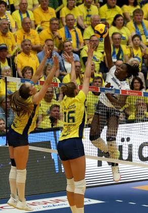 Stuttgart , Volleyball Bundesliga Womens PlayOff Final Game 5, SSC Palmberg Schwerin vs Allianz MTV Stuttgart , L R Nova Marring SSC Palmberg Schwerin , Indy Baijens SSC Palmberg Schwerin , Krystal Rivers Allianz MTV Stuttgart