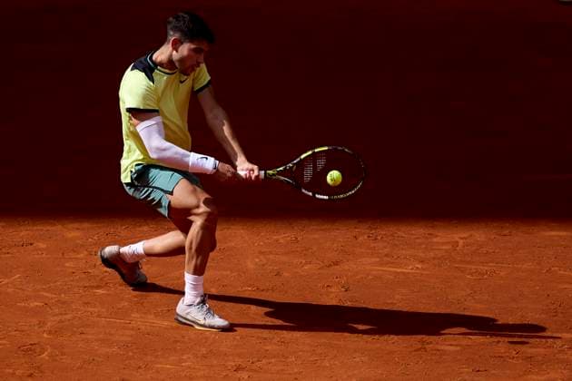 Mutua Madrid Open - Day Seven Carlos Alcaraz of Spain returns a shot against Thiago Seyboth Wild of Brazil during day seven of the Mutua Madrid Open 2024 at Caja Magica on April 28, 2024, in Madrid, Spain. Madrid Caja Magica Madrid Spain RL_MMO24_00598 Copyright: xRicardoxLarreinax