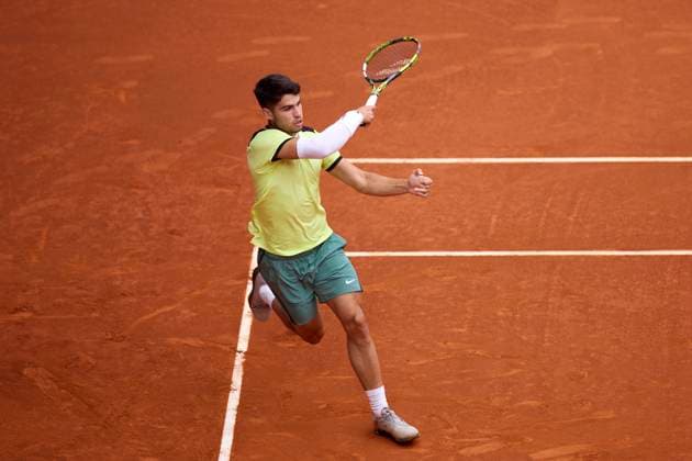 Mutua Madrid Open - Day Seven Carlos Alcaraz of Spain returns a shot against Thiago Seyboth Wild of Brazil during day seven of the Mutua Madrid Open 2024 at Caja Magica on April 28, 2024, in Madrid, Spain. Madrid Caja Magica Madrid Spain RL_MMO24_00603 Copyright: xRicardoxLarreinax