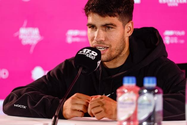 April 28, 2024, Madrid, Madrid, SPAIN: Carlos Alcaraz of Spain attends the media during his press conference, PK, Pressekonferenz during the Mutua Madrid Open 2024, ATP, Tennis Herren Masters 1000 and WTA, Tennis Damen 1000, tournament celebrated at Caja Magica on April 28, 2024 in Madrid, Spain. Madrid SPAIN - ZUMAa181 20240428_zaa_a181_101 Copyright: xIrinaxR.xHipolitox