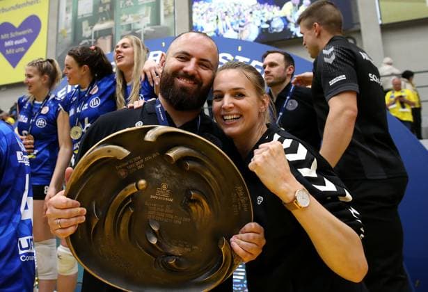Stuttgart , Volleyball Bundesliga Womens PlayOff Final Game 5, SSC Palmberg Schwerin vs Allianz MTV Stuttgart , L R Coach Konstantin Bitter Allianz MTV Stuttgart , Sports Director Kim Renkema Allianz MTV Stuttgart celebrate winning the German Volleyball Championship