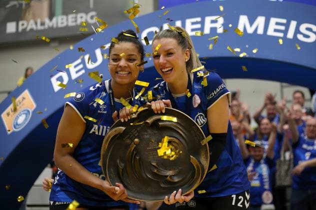 Stuttgart , Volleyball Bundesliga Womens PlayOff Final Game 5, SSC Palmberg Schwerin vs Allianz MTV Stuttgart , L R Alexis Hart Allianz MTV Stuttgart and Britt Bongaerts Allianz MTV Stuttgart celebrate winning the German Volleyball Championship