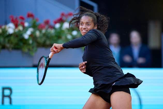 Mutua Madrid Open - Day Seven Robin Montgomery of United States returns a shot against Aryna Sabalenka during day seven of the Mutua Madrid Open 2024 at Caja Magica on April 28, 2024, in Madrid, Spain. Madrid Caja Magica Madrid Spain RL_MMO24_00641 Copyright: xRicardoxLarreinax