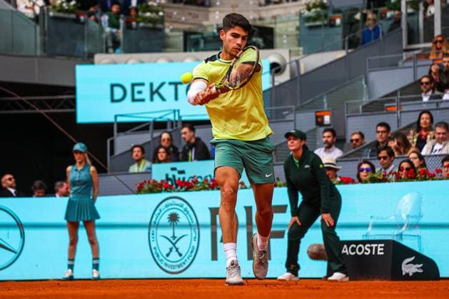 Carlos Alcaraz Vs Thiago Seyboth Wild in Usera, Spain - 28 Apr 2024 Carlos Alcaraz of Spain plays against Thiago Seyboth Wild of Brazil (not pictured) on Day Seven of the Mutua Madrid Open 2024 tournament at La Caja Magica. Carlos Alcaraz won 6-3, 6-3. Usera Spain Copyright: xMiguelxReisx xSOPAxImagesx Mutua Madrid Open MR -1467