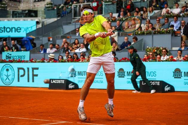 Carlos Alcaraz Vs Thiago Seyboth Wild in Usera, Spain - 28 Apr 2024 Thiago Seyboth Wild of Brazil plays against Carlos Alcaraz of Spain (not pictured) on Day Seven of the Mutua Madrid Open 2024 tournament at La Caja Magica. Carlos Alcaraz won 6-3, 6-3. Usera Spain Copyright: xMiguelxReisx xSOPAxImagesx Mutua Madrid Open MR -1532