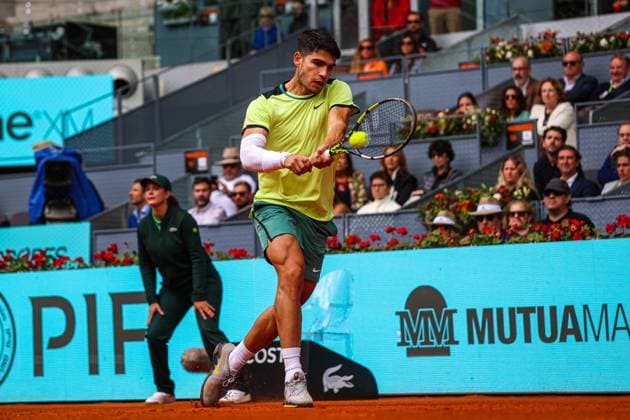 April 28, 2024, Usera, Madrid, Spain: Carlos Alcaraz of Spain plays against Thiago Seyboth Wild of Brazil (not pictured) on Day Seven of the Mutua Madrid Open 2024 tournament at La Caja Magica. Carlos Alcaraz won 6-3, 6-3. Usera Spain - ZUMAs197 20240428_aaa_s197_058 Copyright: xMiguelxReisx