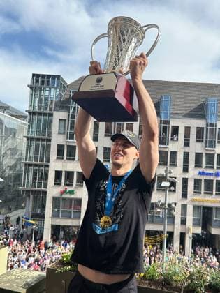 Reception Niners Chemnitz in Chemnitz City Hall 28 04 2024, Reception Niners Chemnitz in Chemnitz City Hall after the victory in the FIBA Europe Cup 2023 2024 against Bahcesehir College Turkey Jonas Richter Niners Chemnitz, No 7 with the winners trophy Copyright Kai Schmidt Chemnitz City Hall Chemnitz Saxony Germany
