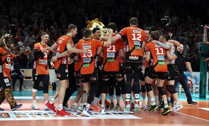German champion BR Volleys team celebrates after the end of the game Joy Emotion Cheering Sport Volleyball Playoff Final 5 Game Bundesliga Men Season 2023 2024 28 04 2024 BR Volleys Berlin BRV vs VfB Friedrichshafen