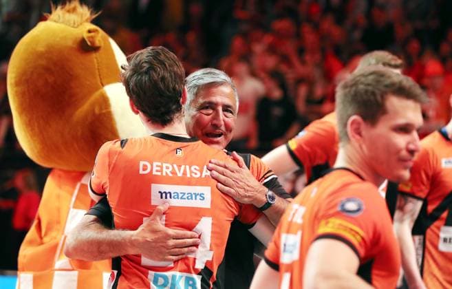 German Champion BR Volleys Manager Kaweh Niroomand and Leon Dervisaj Joy Emotion Jubilation Sport Volleyball Playoff Final 5 Match Bundesliga Men Season 2023 2024 28 04 2024 BR Volleys Berlin BRV vs VfB Friedrichshafen