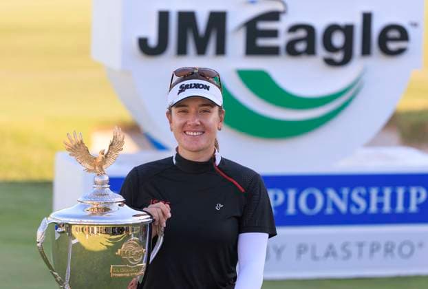 April 28, 2024, Los Angeles, California, USA: Hannah Green posses with the trophy after winning the 2024 JM Eagle LA Championship presented by Plastpro on Sunday April 28, 2024 at the Wilshire Country Club in Los Angeles, California. JAVIER ROJAS PI Los Angeles USA - ZUMAp124 20240428_zaa_p124_019 Copyright: xJavierxRojasx