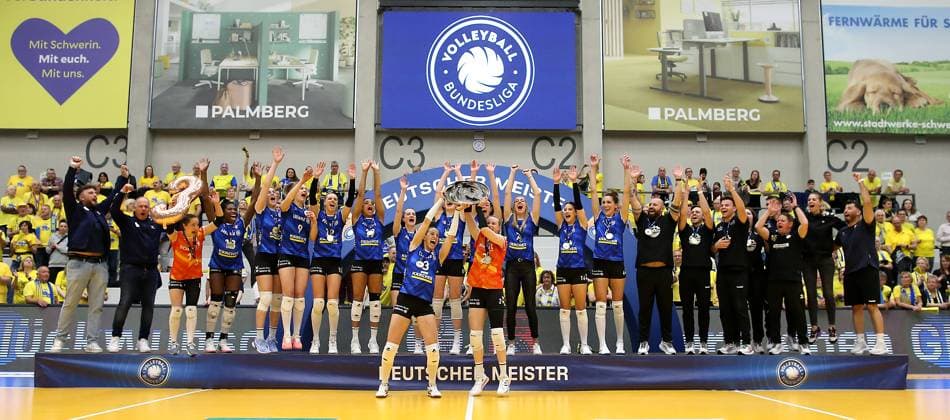 Stuttgart , Volleyball Bundesliga Womens PlayOff Final Game 5, SSC Palmberg Schwerin vs Allianz MTV Stuttgart , Allianz MTV Stuttgart celebrates winning the German Volleyball Championship
