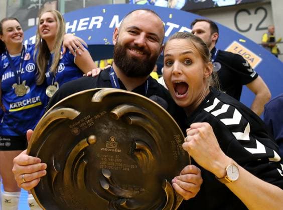 Stuttgart , Volleyball Bundesliga Womens PlayOff Final Game 5, SSC Palmberg Schwerin vs Allianz MTV Stuttgart , L R Coach Konstantin Bitter Allianz MTV Stuttgart , Sports Director Kim Renkema Allianz MTV Stuttgart celebrate winning the German Volleyball Championship