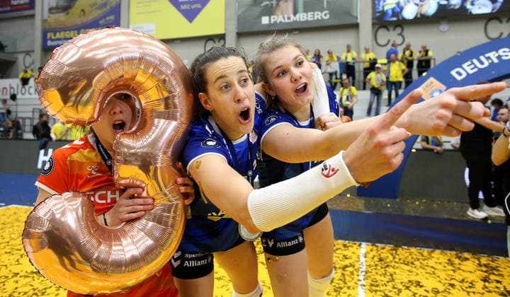 Stuttgart , Volleyball Bundesliga Womens PlayOff Final Game 5, SSC Palmberg Schwerin vs Allianz MTV Stuttgart , L R Roosa Koskelo Allianz MTV Stuttgart , Maria Segura Palleres Allianz MTV Stuttgart and Eline Timmerman Allianz MTV Stuttgart celebrate winning the German Volleyball Championship