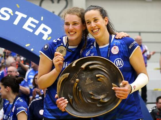 Stuttgart , Volleyball Bundesliga Womens PlayOff Final Game 5, SSC Palmberg Schwerin vs Allianz MTV Stuttgart , L R Jolien Knollema Allianz MTV Stuttgart and Maria Segura Palleres Allianz MTV Stuttgart celebrate winning the German Volleyball Championship