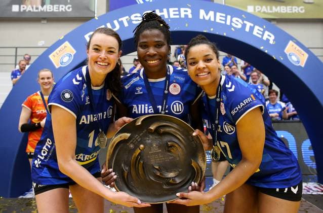Stuttgart , Volleyball Bundesliga Womens PlayOff Final Game 5, SSC Palmberg Schwerin vs Allianz MTV Stuttgart , L R Kayla Haneline Allianz MTV Stuttgart , Krystal Rivers Allianz MTV Stuttgart and Alexis Hart Allianz MTV Stuttgart celebrate winning the German Volleyball Championship