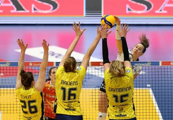 Stuttgart , Volleyball Bundesliga Women PlayOff Final Game 5, SSC Palmberg Schwerin vs Allianz MTV Stuttgart , L R Susan Schut SSC Palmberg Schwerin , Indy Baijens SSC Palmberg Schwerin , Elles Dambrink SSC Palmberg Schwerin , Maria Segura Palleres Allianz MTV Stuttgart
