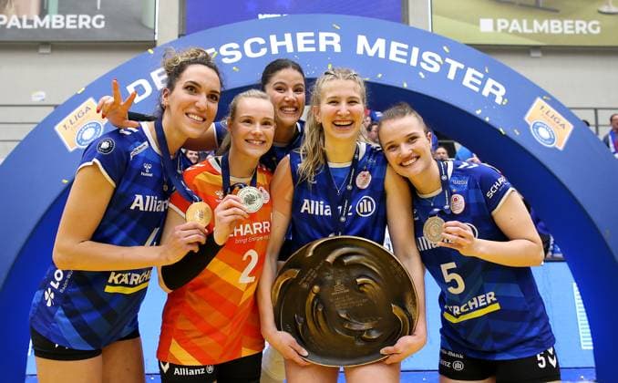 Stuttgart , Volleyball Bundesliga Womens PlayOff Final Game 5, SSC Palmberg Schwerin vs Allianz MTV Stuttgart , L R Ivana Vanjak Allianz MTV Stuttgart , Michelle Schwerdtner Allianz MTV Stuttgart , Jovana Mirosavljevic Allianz MTV Stuttgart , Monique Strubbe Allianz MTV Stuttgart and Corina Glaab Allianz MTV Stuttgart celebrate winning the German Volleyball Championship