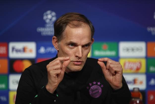 Munich, Germany 29 April 2024 Football, Men, UEFA Champions League, Season 2023 2024, FC Bayern Munich, Press conference Here in the picture Thomas Tuchel, Coach FC Bayern Munich head, portrait at the press conference, a bit, gesture, hand movement, show, depict, index finger