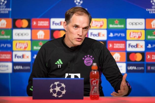 Soccer, UEFA Champions League, 20240429, Press conference FC Bayern Munich Real Madrid In the picture Coach of FC Bayern Munich Thomas TUCHEL Gestures Mimig speaks Munich Allianz Arena Bayern Germany Copyright: Passion2Press MarkusxFischerx