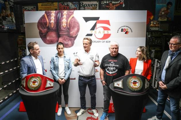 Boxing BDB, 75th anniversary, press conference, Hamburg, 29 04 2024 from left Ingo Rohrbach, Dilar Kisikyol, BDB President Thomas Pütz, Carsten Marek Zur Ritze , Ina Menzer and Carsten Schwochert S K Events