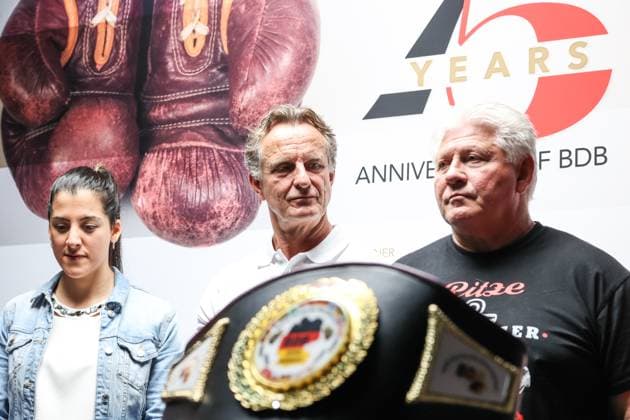 Boxing BDB, 75th anniversary, press conference, Hamburg, 29 04 2024 from left Dilar Kisikyol, BDB President Thomas Pütz and Carsten Marek Zur Ritze