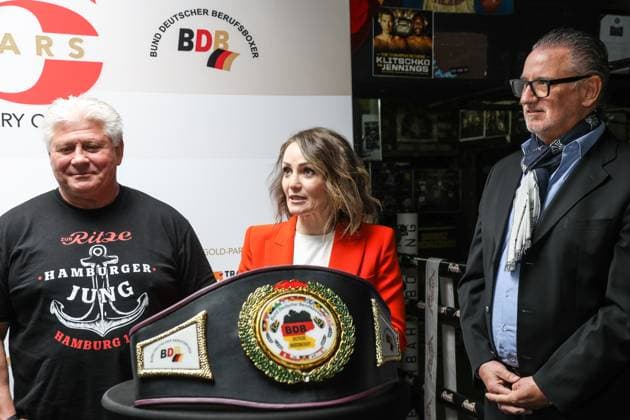Boxing BDB, 75th anniversary, press conference, Hamburg, 29 04 2024 f l Carsten Marek Zur Ritze , Ina Menzer and Carsten Schwochert S K Events