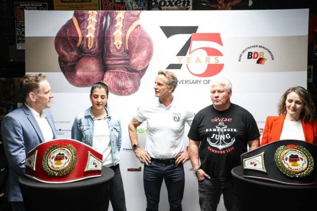 Boxing BDB, 75th anniversary, press conference, Hamburg, 29 04 2024 from left Ingo Rohrbach, Dilar Kisikyol, BDB President Thomas Pütz, Carsten Marek Zur Ritze and Ina Menzer