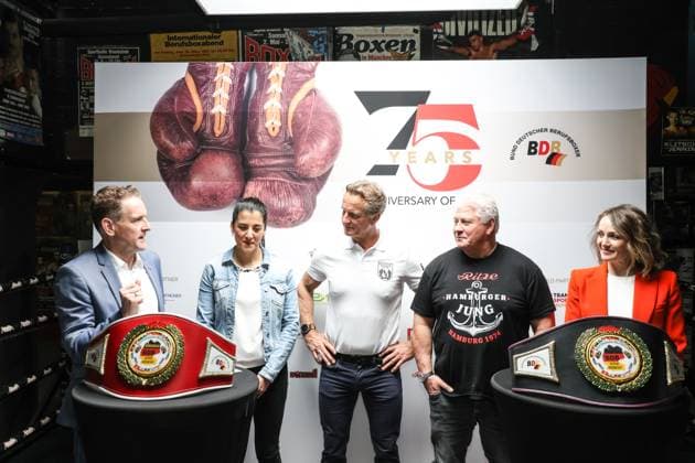 Boxing BDB, 75th anniversary, press conference, Hamburg, 29 04 2024 from left Ingo Rohrbach, Dilar Kisikyol, BDB President Thomas Pütz, Carsten Marek Zur Ritze and Ina Menzer