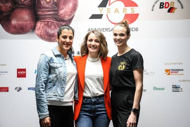 Boxing BDB, 75th anniversary, press conference, Hamburg, 29 04 2024 f l Dilar Kisikyol, Ina Menzer and Karo Pütz