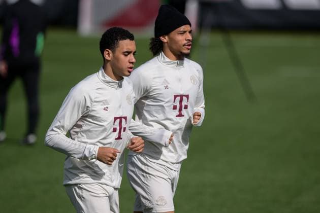 Soccer, Champions League, 20240429, Final training, FC Bayern Munich Real Madrid In the picture Jamal MUSIALA FC Bayern Munich, 42 and Leroy SANE FC Bayern Munich, 10 Munich Training ground Säbener Str 51 Bayern Germany Copyright: Passion2Press MarkusxFischerx