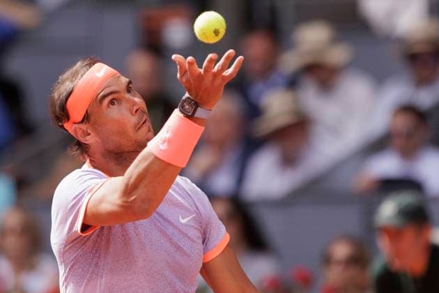 Mutua Madrid Open - Rafael Nadal vs Pedro Cachin MADRID, SPAIN - APRIL 29 : Rafael Nadal returns a shot against Pedro Cachin during their match on Day 8 of the Mutua Madrid Open at Caja Magica Stadium in Madrid. (Photo by Guillermo Martinez) Madrid Caja Magica Spain Copyright: xGuillermoxMartinezx