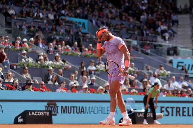 Mutua Madrid Open - Rafael Nadal vs Pedro Cachin MADRID, SPAIN - APRIL 29 : Rafael Nadal returns a shot against Pedro Cachin during their match on Day 8 of the Mutua Madrid Open at Caja Magica Stadium in Madrid. (Photo by Guillermo Martinez) Madrid Caja Magica Spain Copyright: xGuillermoxMartinezx