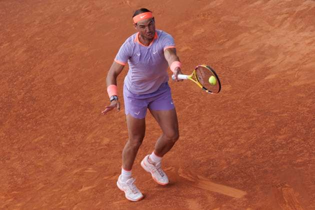 Mutua Madrid Open - Rafael Nadal vs Pedro Cachin MADRID, SPAIN - APRIL 29 : Rafael Nadal returns a shot against Pedro Cachin during their match on Day 8 of the Mutua Madrid Open at Caja Magica Stadium in Madrid. (Photo by Guillermo Martinez) Madrid Caja Magica Spain Copyright: xGuillermoxMartinezx