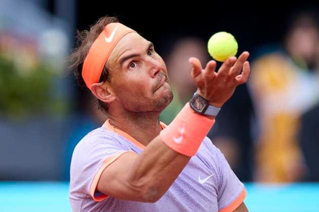 Mutua Madrid Open - Day Eight Rafael Nadal of Spain serves against Pedro Cachin of Argentina during day eight of the Mutua Madrid Open 2024 at Caja Magica on April 29, 2024, in Madrid, Spain. Madrid Caja Magica Madrid Spain RL_MMO24_00935 Copyright: xRicardoxLarreinax