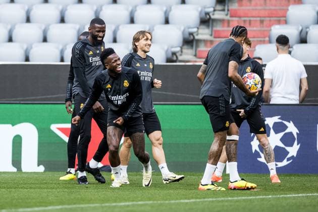 UEFA Champions League FC Bayern Munich Real Madrid final training Real Madrid 29 04 2024 Antonio Rüdiger Real Madrid, 22 , Vinicius Junior Real Madrid, 7 , Luka Modric Real Madrid, 10 laughing UEFA Champions League FC Bayern Munich Real Madrid final training Real Madrid, Munich, Allianz Arena Copyright: xBEAUTIFULxSPORTS Wunderlx
