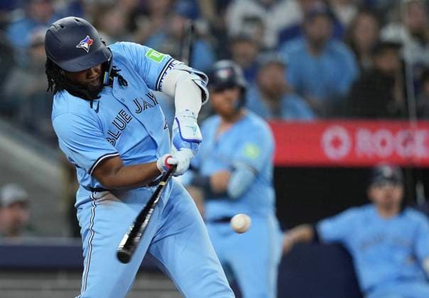 April 29, 2024, Toronto, On, CANADA: Toronto Blue Jays first baseman Vladimir Guerrero Jr. hits a RBI double against the Kansas City Royals during sixth inning American League MLB, Baseball Herren, USA baseball action in Toronto on Monday, April 29, 2024. Canada News - April 29, 2024  - ZUMAc35_ 20240429_zaf_c35_134 Copyright: xNathanxDenettex