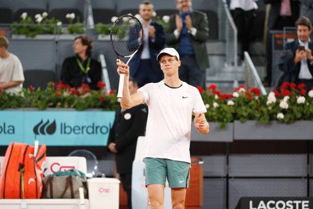 Jannik Sinner (ITA), APRIL 29, 2024 - Tennis : Jannik Sinner celebrate after winning singles round of 32 match against Pavel Kotov on the ATP, Tennis Herren tour Masters 1000 Mutua Madrid Open tennis tournament at the Caja Magica in Madrid, Spain. Noxthirdxpartyxsales  (251679988)