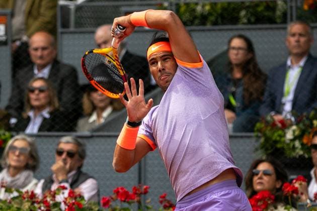 April 29, 2024, Madrid, Spain: Spanish tennis player Rafael Nadal plays against Argentine tennis player Pedro Cachin (not pictured) during a tennis match at the Caja Magica in Madrid.. The Spanish tennis player Rafael Nadal has qualified for the round of 16 of the ATP, Tennis Herren Masters 1000 in Madrid after beating the Argentine tennis player Pedro Cachin in 3 sets (6-1, 6-7(5) and 6-3, in 3h 04m), He will face the Czech Iri Lehecka in the next round this Tuesday. Madrid Spain - ZUMAs197 20240429_aaa_s197_220 Copyright: xDavidxCanalesx