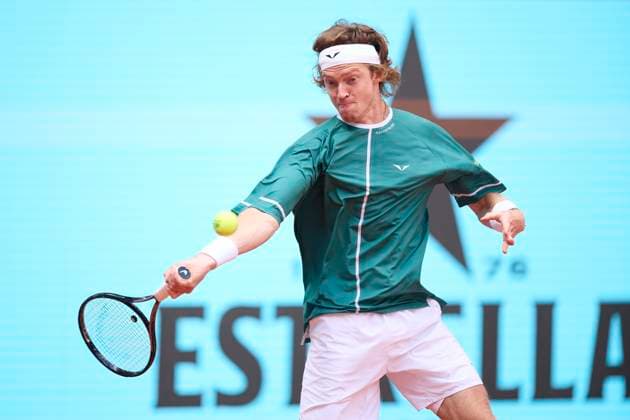 Mutua Madrid Open - Day Nine Andrey Rublev returns a shot against Tallon Griekspoor of Netherlands during day nine of the Mutua Madrid Open 2024 at Caja Magica on April 30, 2024, in Madrid, Spain. Madrid Caja Magica Madrid Spain RL_MMO24_01020 Copyright: xRicardoxLarreinax