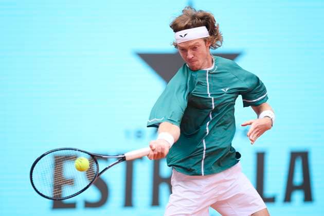 Mutua Madrid Open - Day Nine Andrey Rublev returns a shot against Tallon Griekspoor of Netherlands during day nine of the Mutua Madrid Open 2024 at Caja Magica on April 30, 2024, in Madrid, Spain. Madrid Caja Magica Madrid Spain RL_MMO24_01024 Copyright: xRicardoxLarreinax