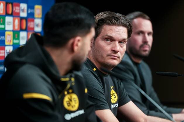 30 04 2024, Football, Season 2023 2024, UEFA Champions League, UCL, Press conference, Borussia Dortmund Atletico Madrid, Press conference with f l Emre Can Borussia Dortmund , Coach Edin Terzic Borussia Dortmund , Press spokesman Sven Westerschulze Borussia Dortmund , Dortmund Signal Iduna Park NRW Germany xRHR PHOTO DEx Copyright: DennisxEwert RHR-FOTOx RHR-FOTO DE