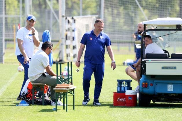 DEU, DFL, 2 FBL Hertha BSC, Training, 30 04 2024, Sportforum, Berlin, DEU, DFL, 2 FBL Hertha BSC, Training, in the picture Head Coach Pal Dardai Hertha BSC Berlin , Co Coach Tamas Bodog Hertha BSC Berlin , Co Coach Admir Hamzagic Hertha BSC Berlin , Head of Team Management Sami Allagui Hertha BSC DFL regulations prohibit any use of Photographs as image sequences and or quasi video Foto Juergen Engler nordphoto GmbH nordphotoxGmbHx xEngler nph00076