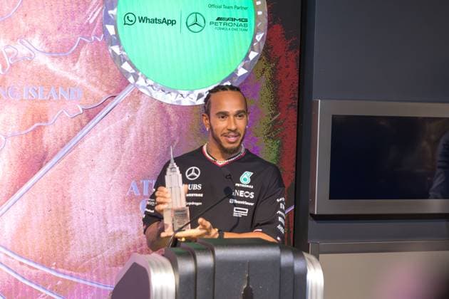April 29, 2024, New York, New York, USA: Mercedes F1 driver Lewis Hamilton takes part in the lighting ceremony at the Empire State Building in New York City, U.S., April 29, 2024 New York USA - ZUMAc233 0470203456st Copyright: xVanessaxCarvalhox