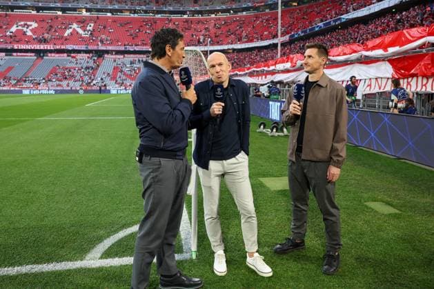 l r TV reporter Sebastian Hellmann, football expert Arjen Robben, football expert Miroslav Klose, FC Bayern Muenchen vs Real Madrid, Champions League, football, semi-final, first leg, 30 04 2024 Muenchen Bayern Germany Copyright: xkolbert-press ChristianxKolbertx